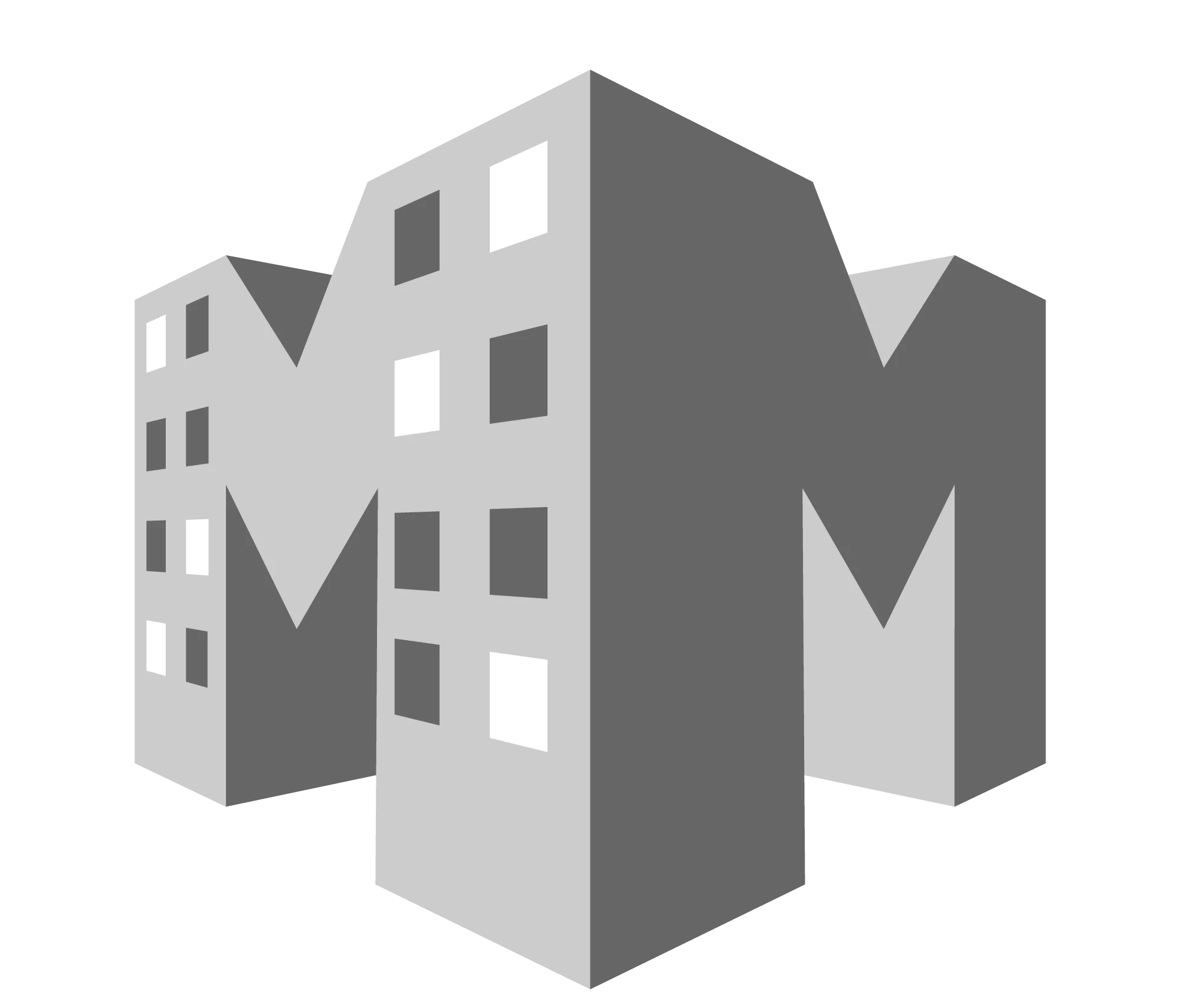 Icono M2 en escala de grises con forma de edificios