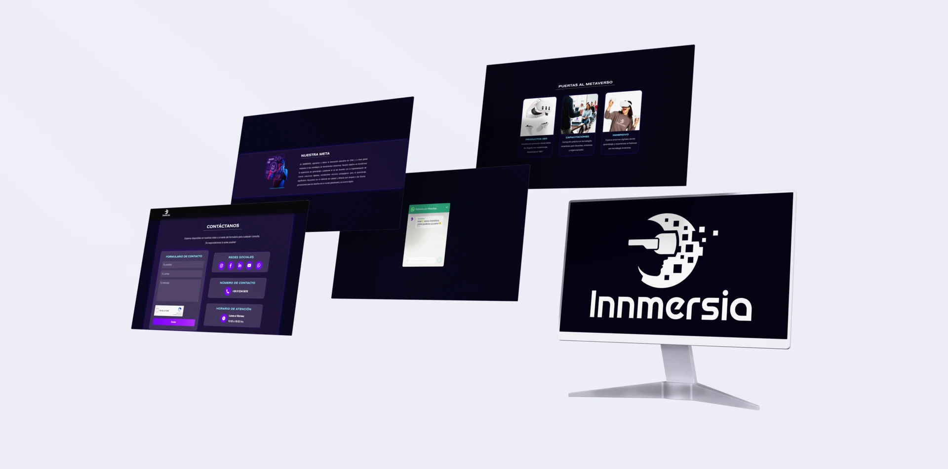 Mockup de vistas del sitio Innmersia con chat de WhatsApp y logo