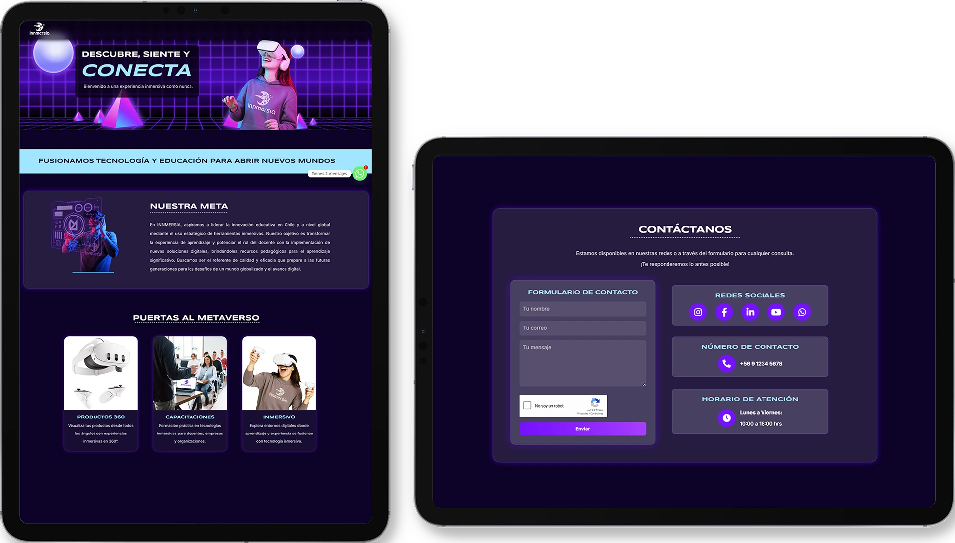 Mockup del sitio web Innmersia en tablet