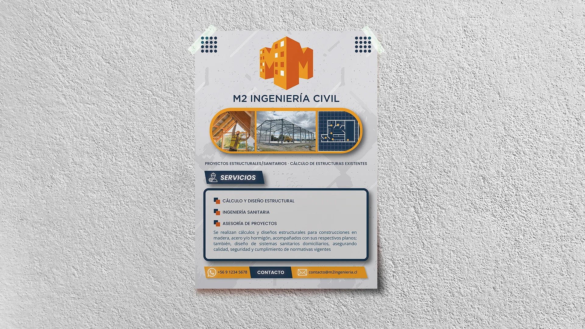 Poster corporativo M2 Ingeniería Civil con listado de servicios