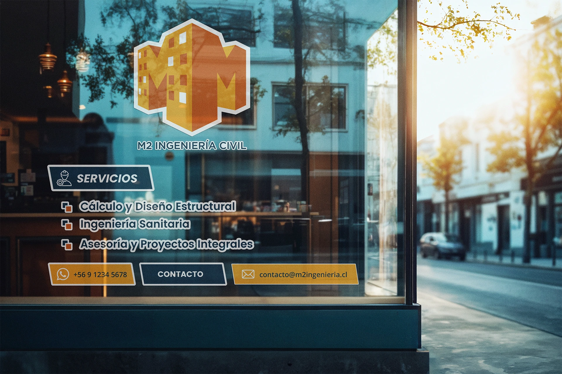 Vinilo adhesivo corporativo M2 Ingeniería Civil aplicado en vitrina
