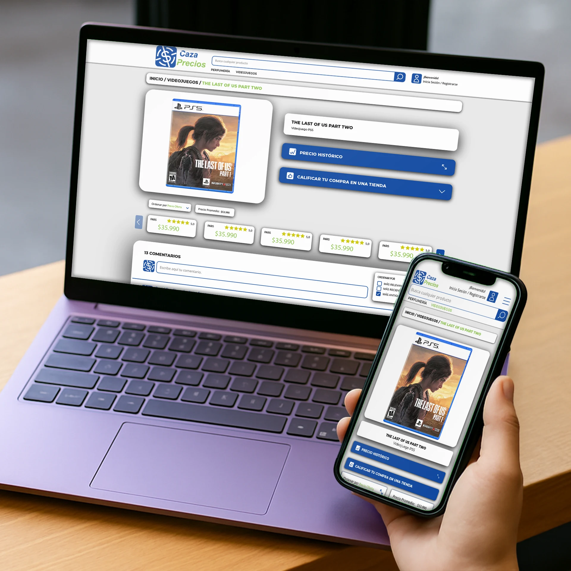 Mockup producto CazaPrecios en laptop y celular