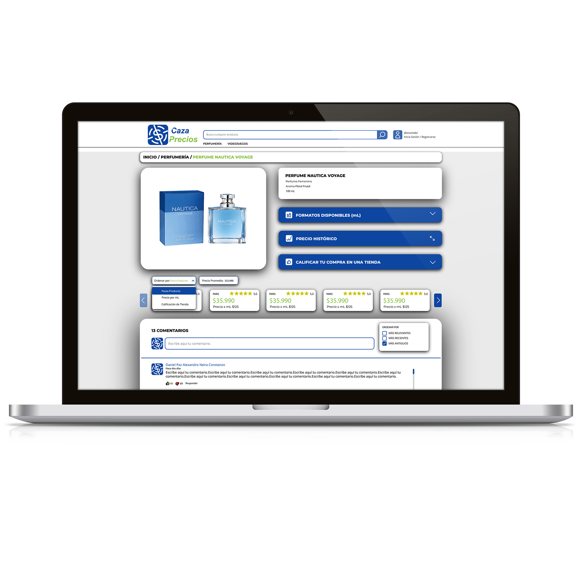 Mockup vista producto CazaPrecios en laptop