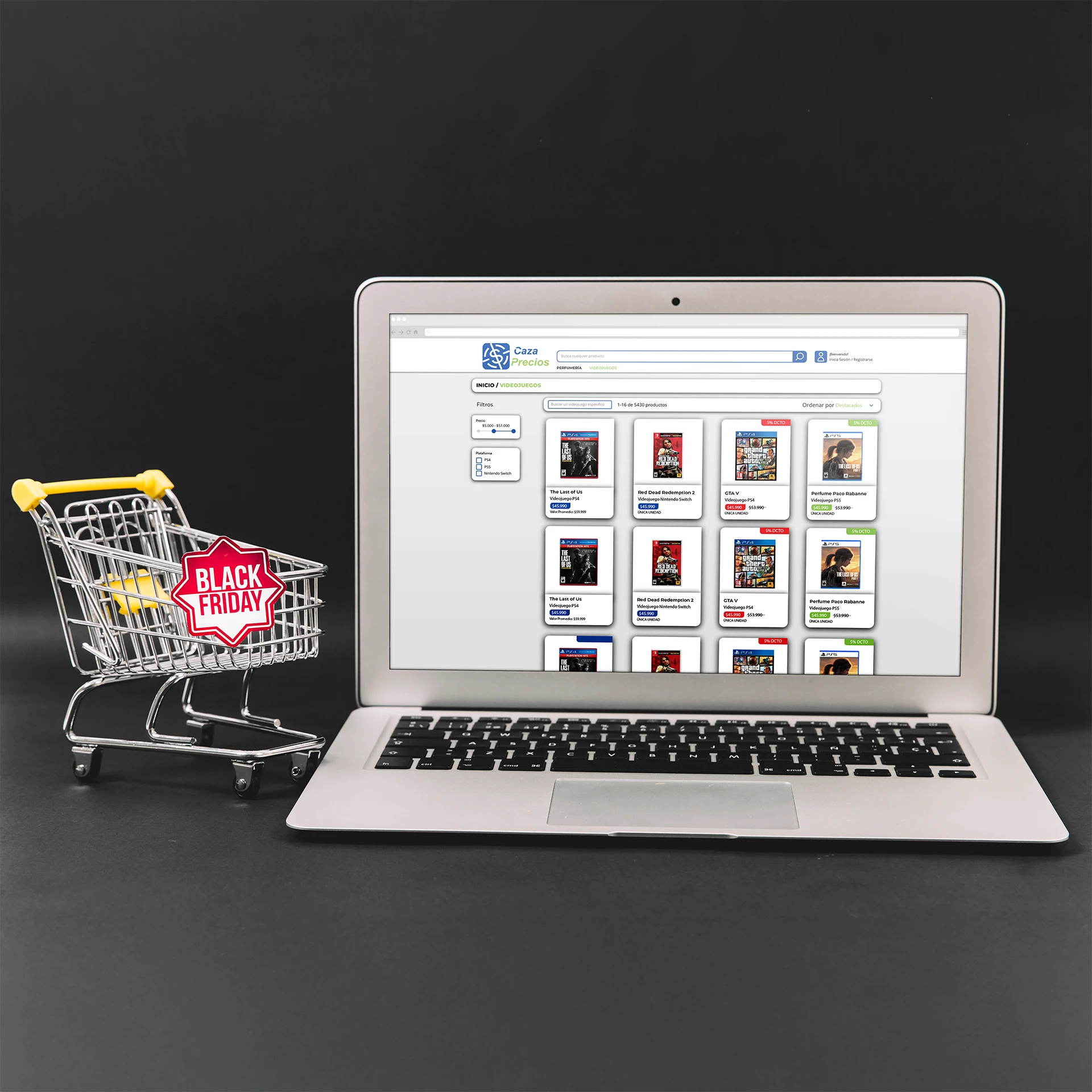 Mockup tienda online CazaPrecios en laptop