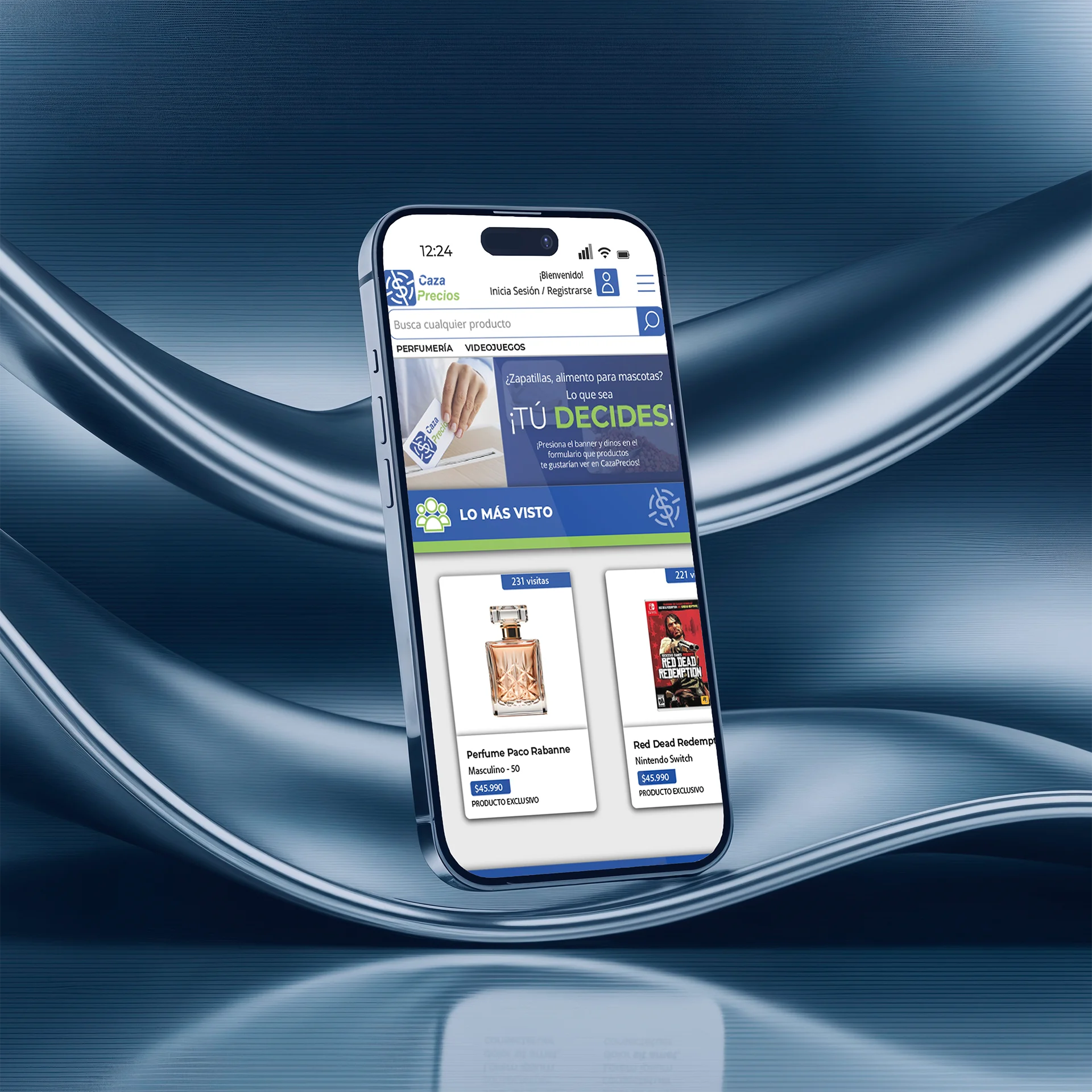 Vista inicio sitio CazaPrecios en mockup móvil