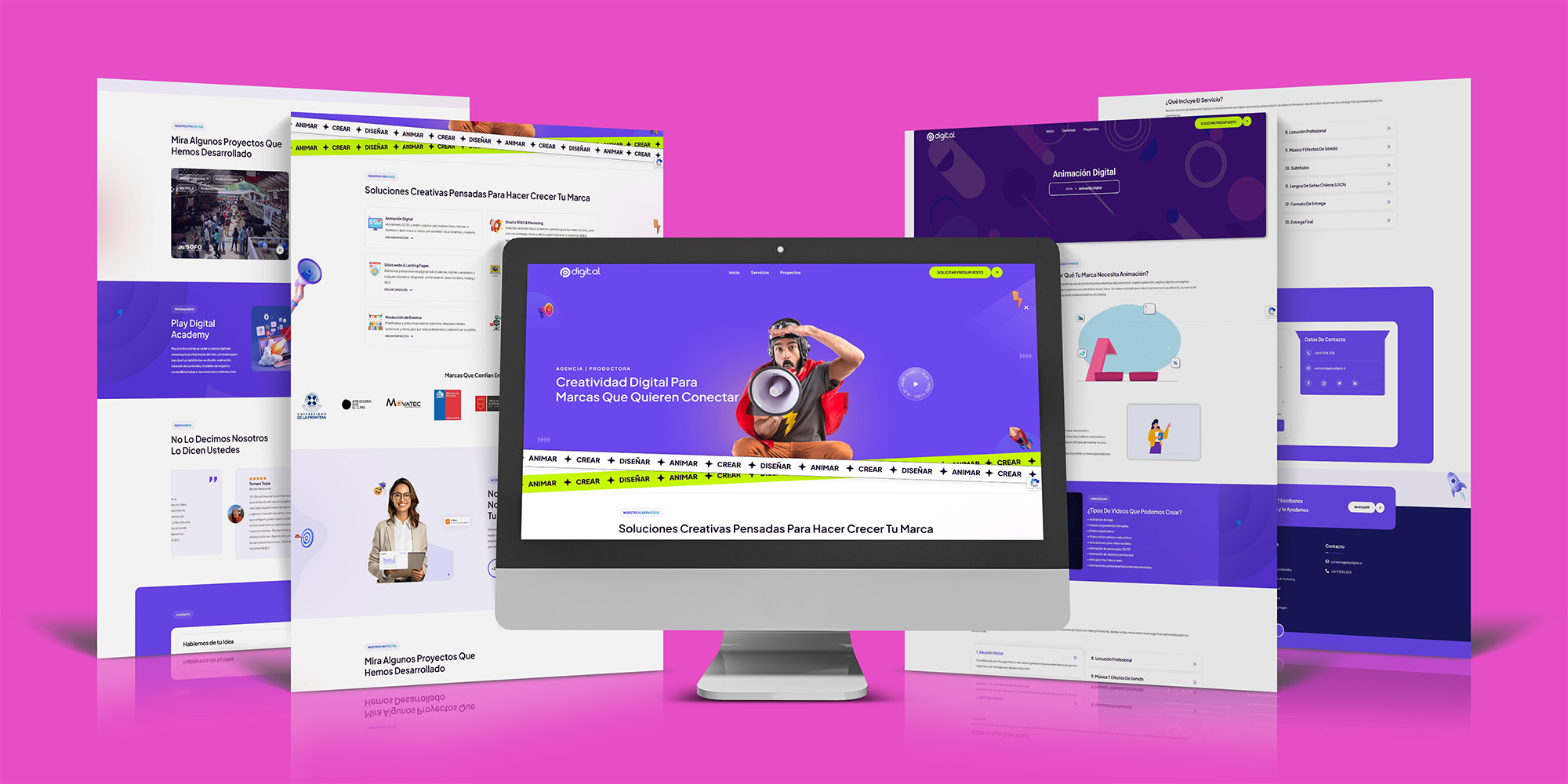 Mockup del sitio web PlayDigital con múltiples vistas para portafolio