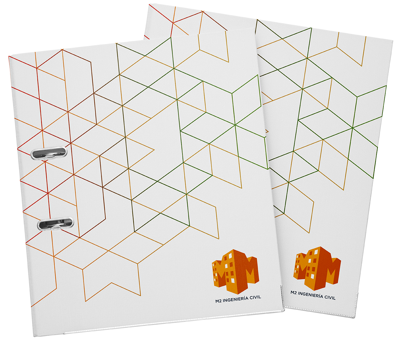 Mockup de carpetas corporativas diseñadas para M2 Ingeniería Civil, identidad visual para empresa de construcción en Chile