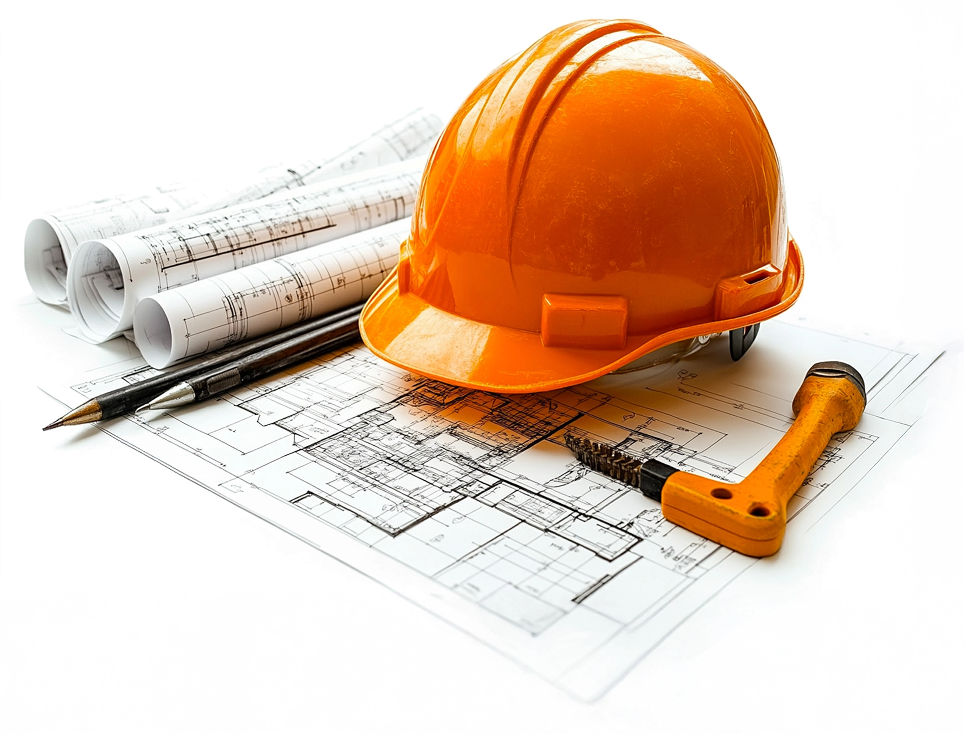 Casco de seguridad y planos técnicos representando servicios de ingeniería civil y construcción en Chile